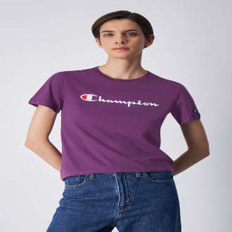 Champion script logo violet crew neck sweatshirt best sale