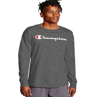 Champion USA Men’s Classic Script Logo Long Sleeve Tee – Granite Heather