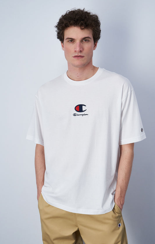 Champion Europe Men’s C & Script  Logo Crewneck T-Shirt – White