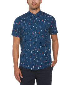 Original Penguin Poplin Ski Print Short Sleeve Button-Down Shirt – Poseidon Blue