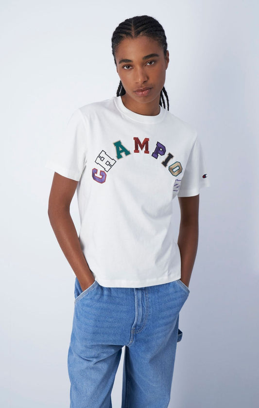 Champion Europe Women Crewneck with Script Embroidered and Print – White