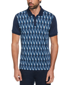 Original Penguin Jacquard Front Diamond Geo Print Short Sleeve Polo Shirt – Dress Blues