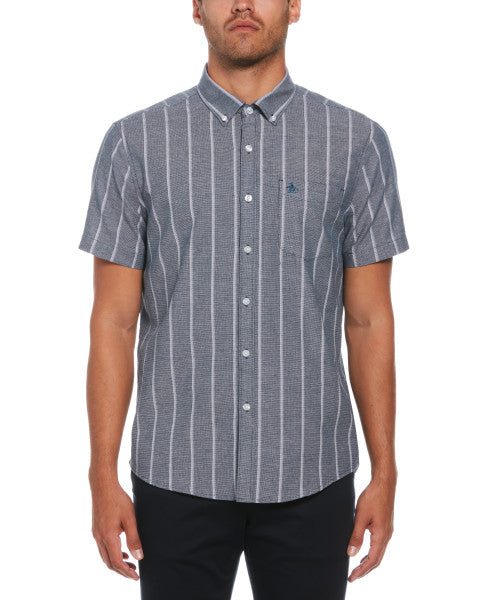 Original Penguin Oxford Vertical Stripe Short Sleeve Button-Down Shirt – Poseidon Blue