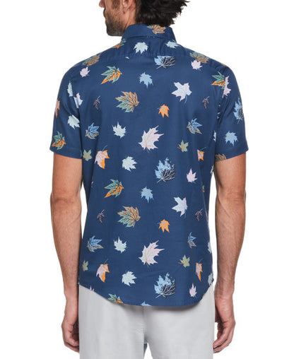 Original Penguin Maple Leaves Print Short Sleeve Button-Down Shirt - Poseidon Blue