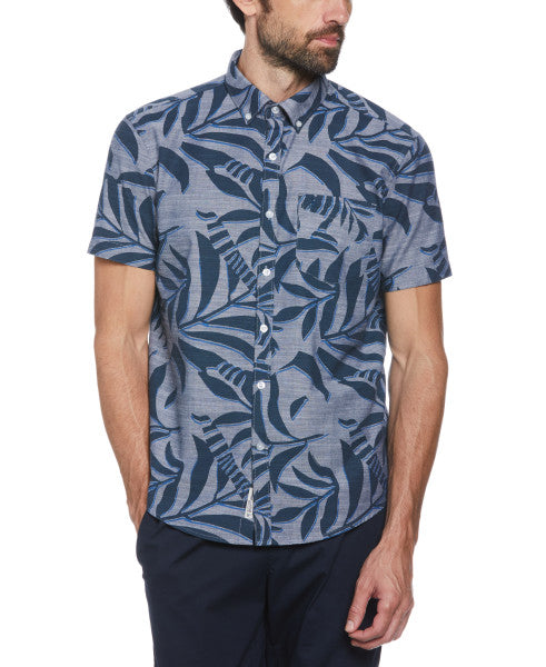 Original Penguin Chambray Leaves Print Short Sleeve Button-Down Shirt – Dress Blues