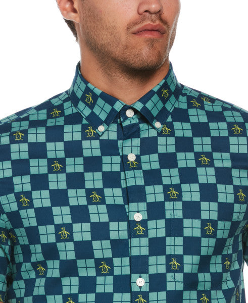 Original Penguin Checkered Pete Pattern Short Sleeve Button-Down Shirt - Poseidon Blue