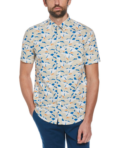 Original Penguin Short Sleeve Poplin AOP Birds  –  Oatmeal