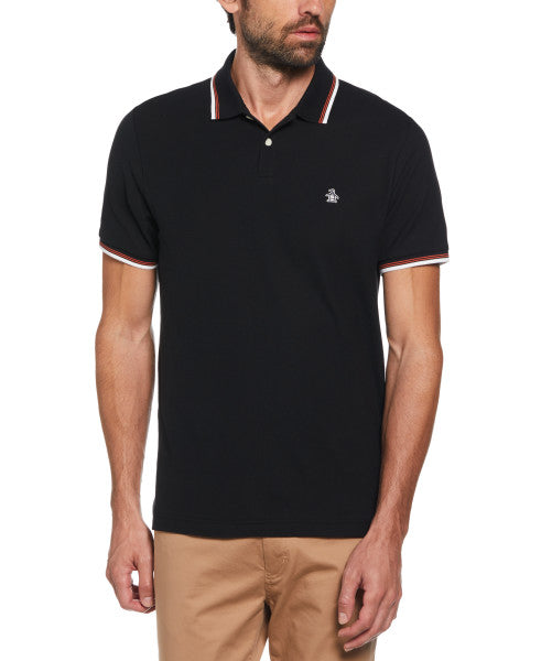 Original Penguin Organic Cotton Pique Short Sleeve Polo Shirt Tipped Collar – True Black/Amberglow