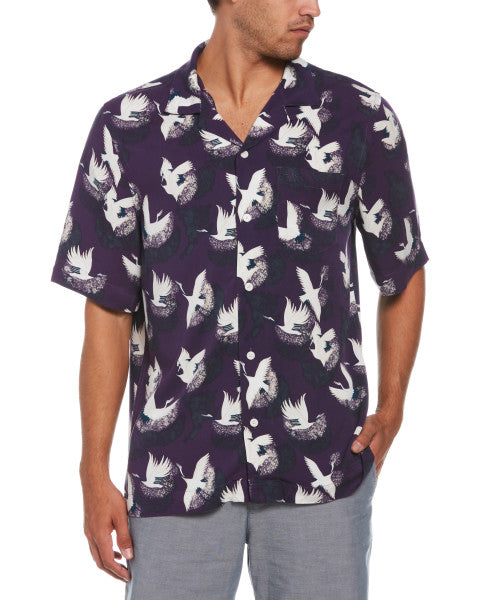 Original Penguin Cranes Print Short Sleeve Button-Down Shirt – Grape