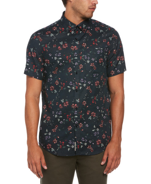 Original Penguin Oxford Floral Print Short Sleeve Button-Down Shirt - Dark Sapphire