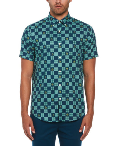 Original Penguin Checkered Pete Pattern Short Sleeve Button-Down Shirt - Poseidon Blue