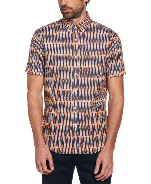 Original Penguin Oxford Allover Bowling Pins Print Short Sleeve Button-Down Shirt – Amberglow