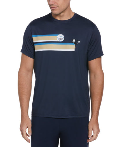 Original Penguin US Men’s 80S Stripe Tennis Print Short Sleeve Tee Shirt – Black Iris