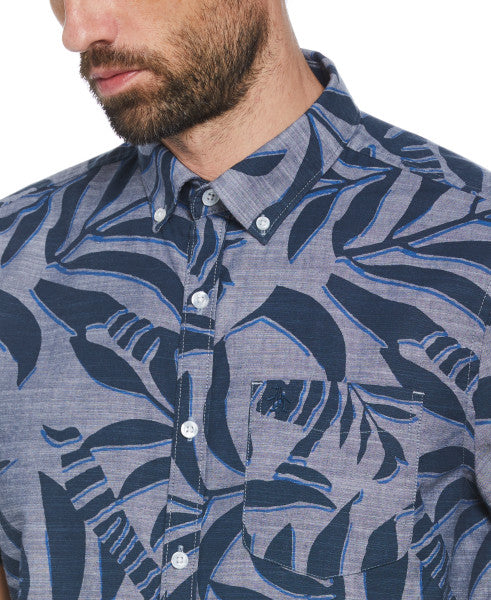 Original Penguin Chambray Leaves Print Short Sleeve Button-Down Shirt – Dress Blues