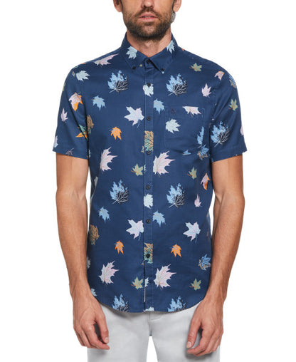 Original Penguin Maple Leaves Print Short Sleeve Button-Down Shirt - Poseidon Blue