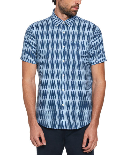 Original Penguin Oxford Allover Bowling Pins Print Short Sleeve Button-Down Shirt – Azure Blue