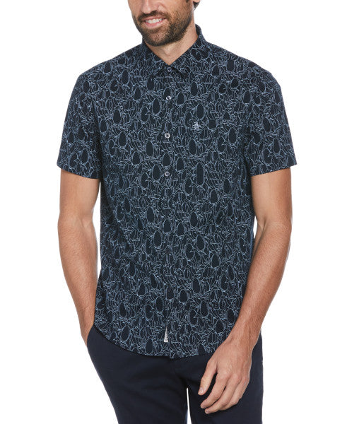 Original Penguin Poplin Print Short Sleeve Button-Down Shirt – Dark Sapphire